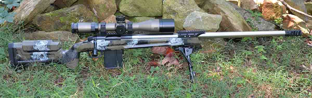 Built by GA Precision on the company’s Templar action, this 6mm GT was put together for Precision Rifle Series competition and came with a .375-inch, 100-yard accuracy guarantee. It has a Manners Elite tactical stock, a Bartlein 27.5-inch barrel (1:7.7 twist) and its Trigger Tech Diamond trigger has a pull weight adjustment range of 1.5 to 6 ounces. Total weight with a Bushnell 4.5-30x Elite Tactical scope and Harris folding bipod is 18.25 pounds.